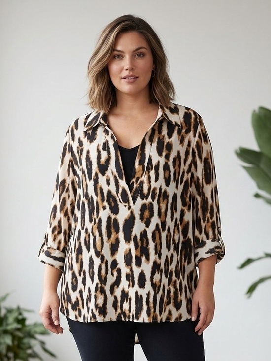 Investments Tops - INVESTMENTS Animal Group Sheer Leopard Print Tunic Blouse with Tank Attached